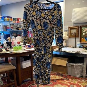 Floral Long Sleeve Dress - Blue, Yellow, Black asymmetrical design, INC